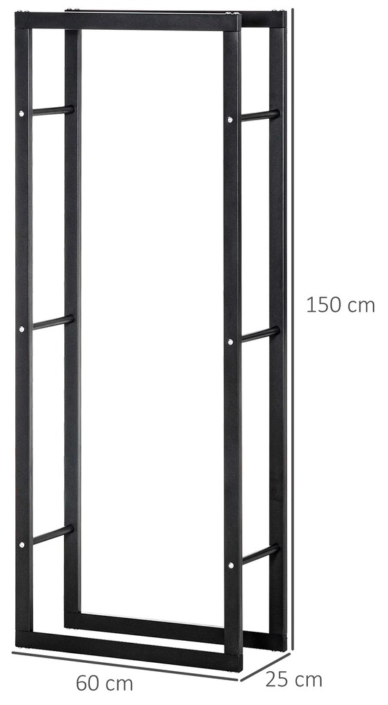 Suporte para Lenha de Metal Porta Lenha Metálico para Interior e Exterior Carga Máxima 100 kg 60x25x150 cm Preto