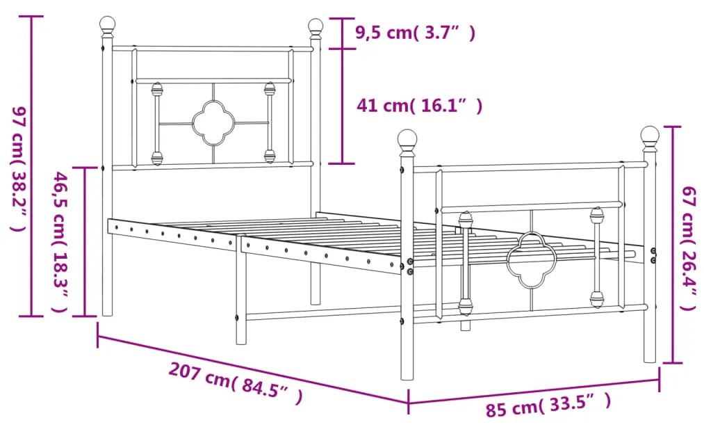 Estrutura de cama com cabeceira e pés 80x200 cm metal preto