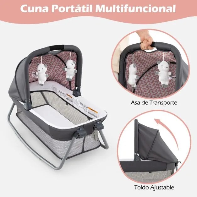 Berço com Centro de atividades 5 em 1 para bebés, parque e mesa para trocar fraldas. Inclui brinquedos suspensos, caixa de música, rodas e cesto. Pret