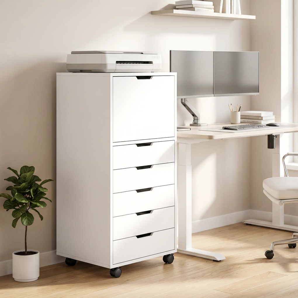 Bloco gavetas de Escritório com 5 Gavetas Armário com Fecho Suave Rodas e Suporte para Impressora Branco