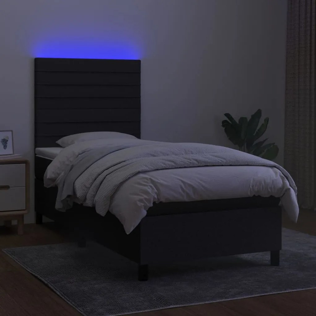 Cama box spring c/ colchão e LED 90x190 cm tecido preto