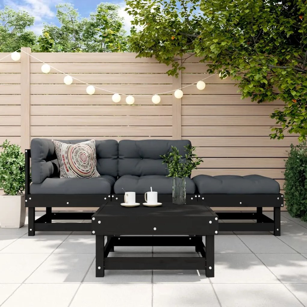 vidaXL 4pcs conjunto lounge jardim c/ almofadões madeira maciça preto