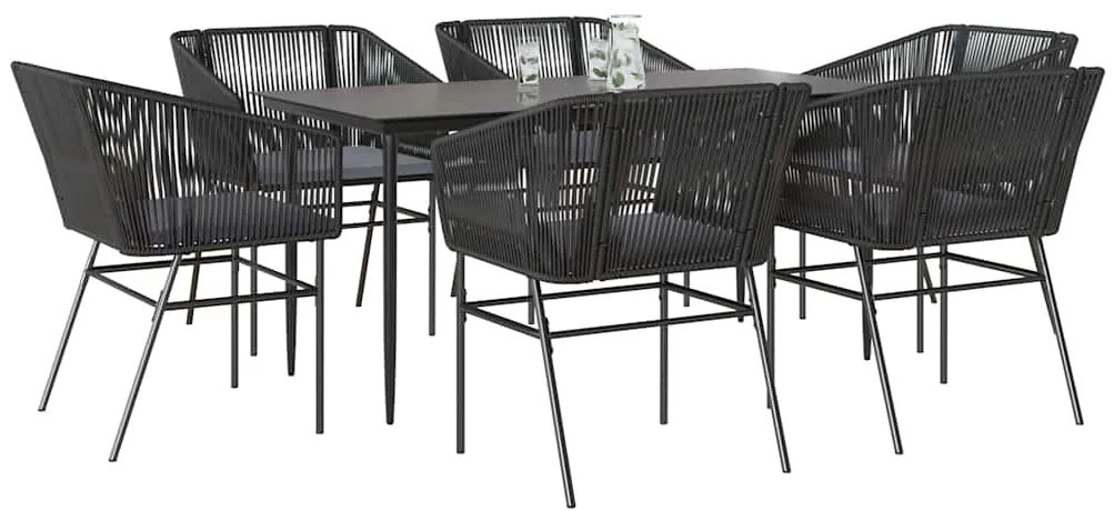 Conjunto de jantar jardim 7 peças almofadas vidro vime PE preto