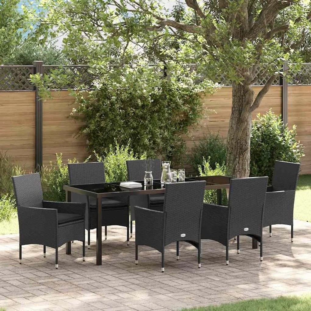 vidaXL Conjunto de Jantar de Jardim 7 Peças com Almofadas - Preto, Rattan Sintético