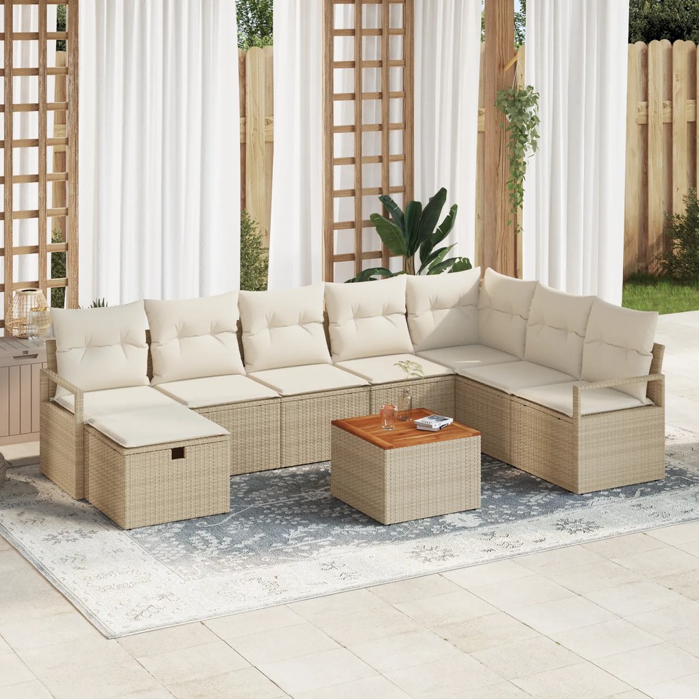 Conjunto de Sofá de Jardim de 9 Peças com Almofadas Bege de Vime PE, S