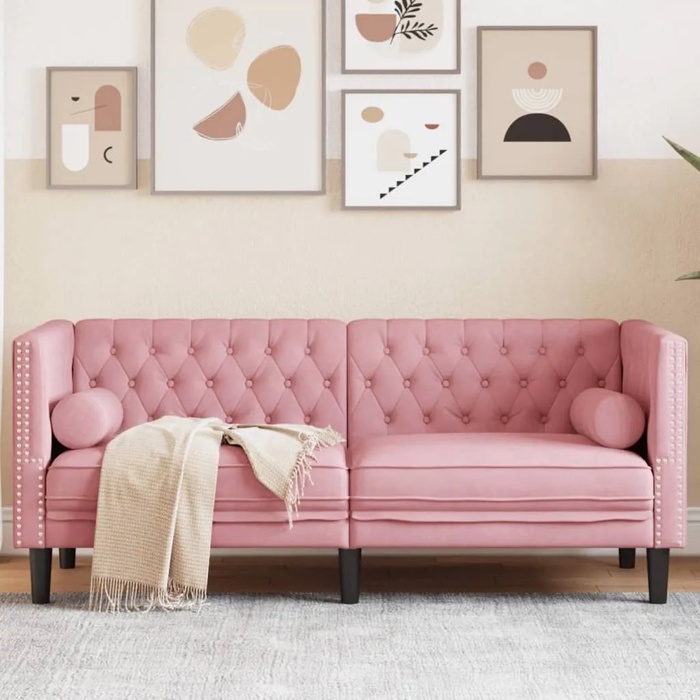 Sofá chesterfield com rolos 2 lugares veludo rosa