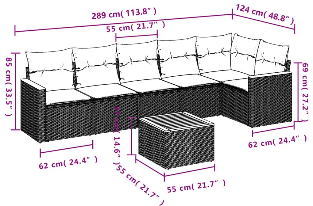 7 pcs conjunto sofás p/ jardim c/ almofadões vime PE cinzento