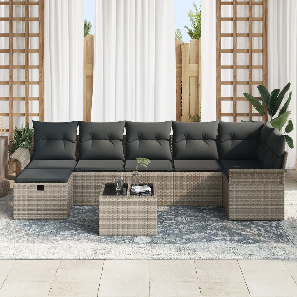 Conjunto de Sofás de Jardim de 8 Peças com Almofadas Cinza Vime Poliés
