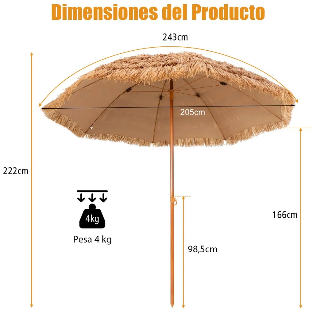 Guarda-sol de imitação palha havaiano Tiki 205 cm com 8 costelas metálicas de topo 7 níveis Portátil para Praia jardim Piscina Natural