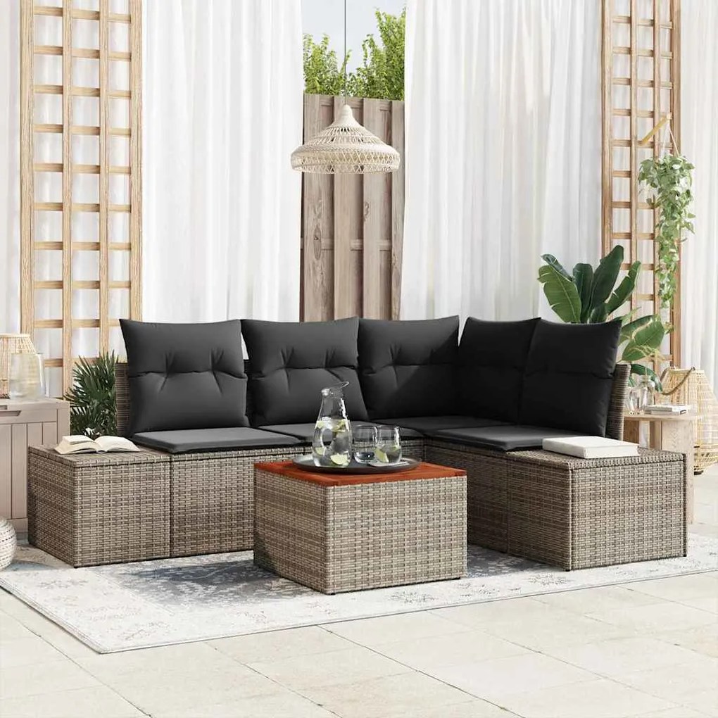 vidaXL Conjunto de Sofá de Jardim com 5 Peças e Almofadas em Rattan Cinza e Acácia