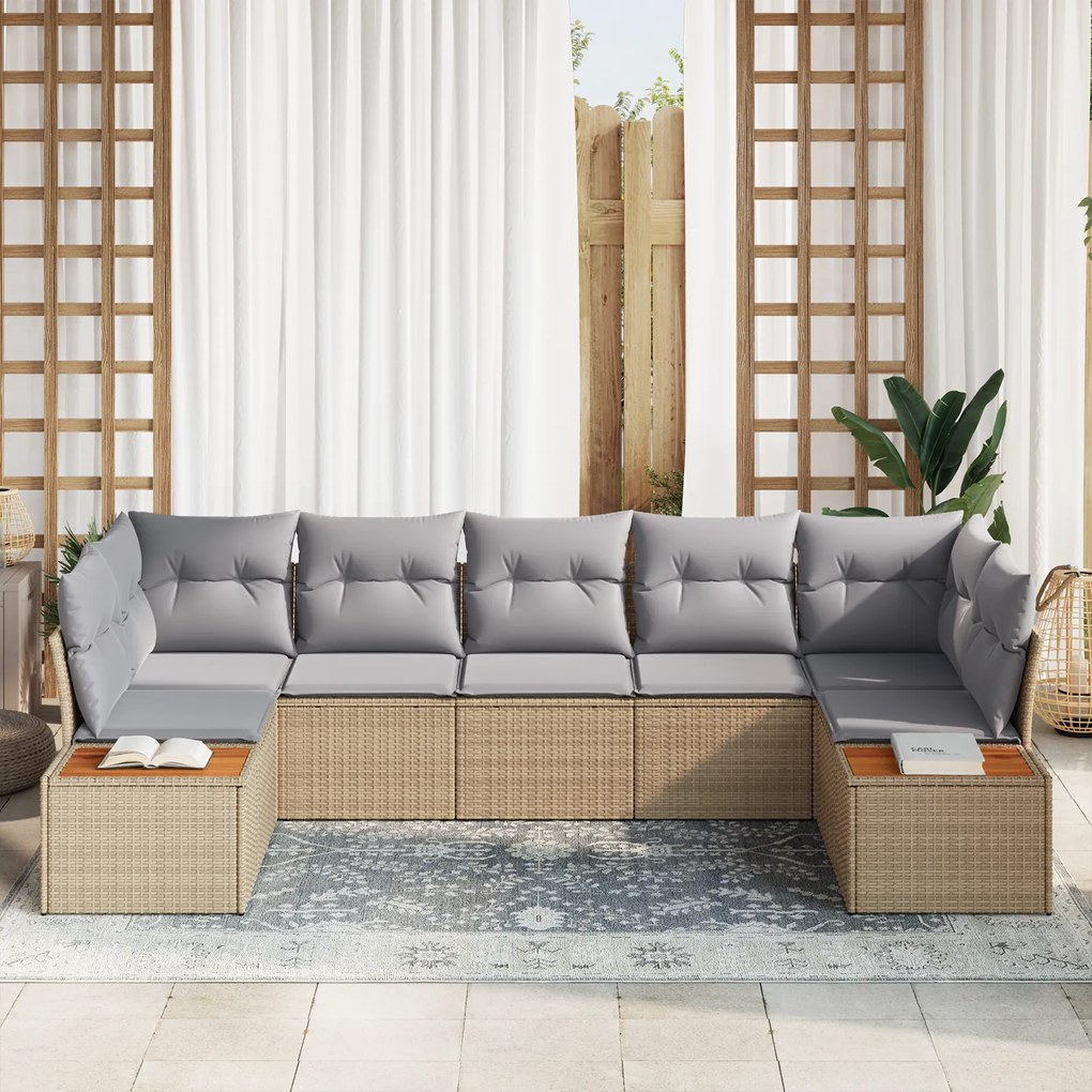 Conjunto de Sofá de Jardim vidaXL 7 Peças com Almofadas Bege Vime Sint