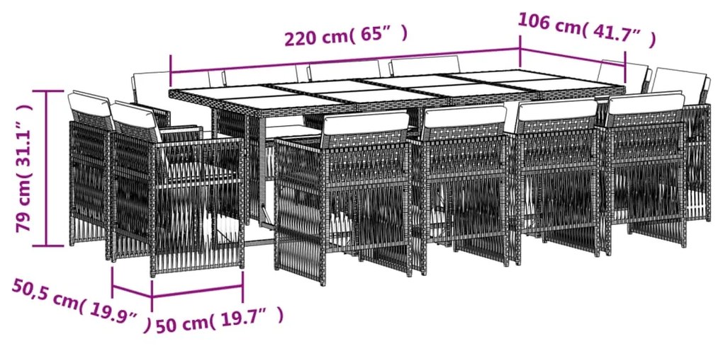 13 pcs conjunto jantar p/ jardim c/ almofadões vime PE cinzento