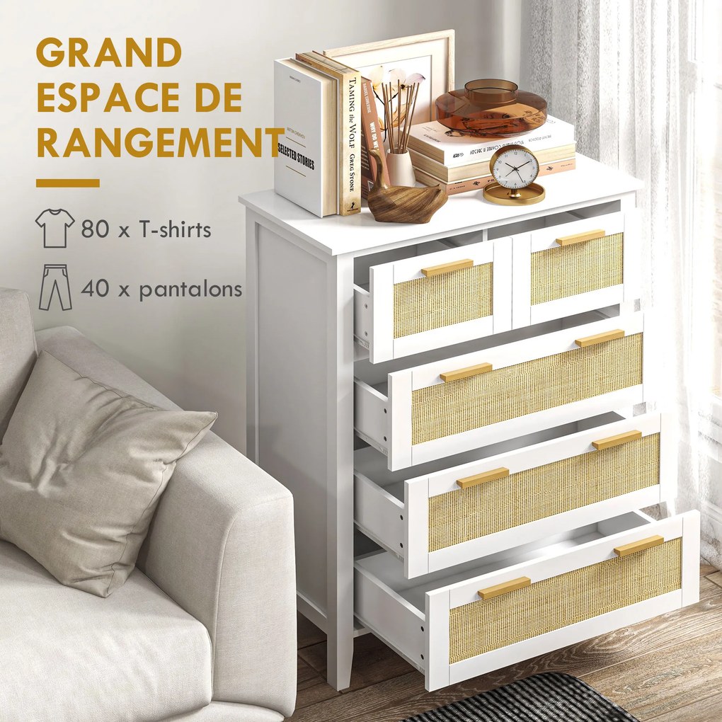 Cómoda com 5 gavetas, puxadores em madeira maciça e corrediças metálicas, para escritório, sala de estar ou quarto, 77 x 37 x 104 cm, branca