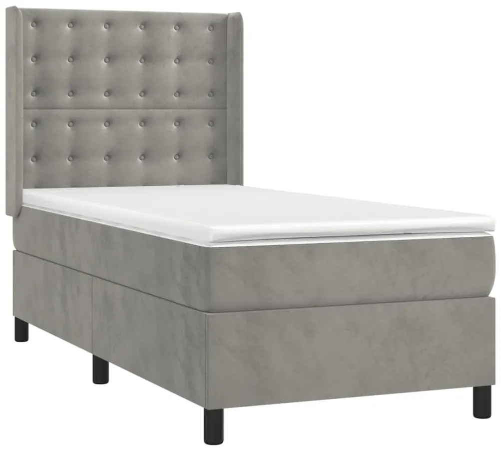 Cama box spring c/ colchão/LED 100x200 cm veludo cinzento-claro