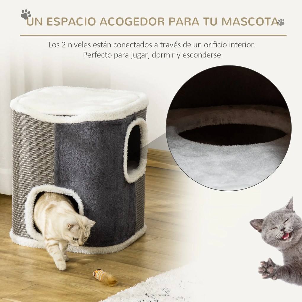 PawHut Arranhador em Forma de Cilindro para Gatos de 2 Níveis com Cave