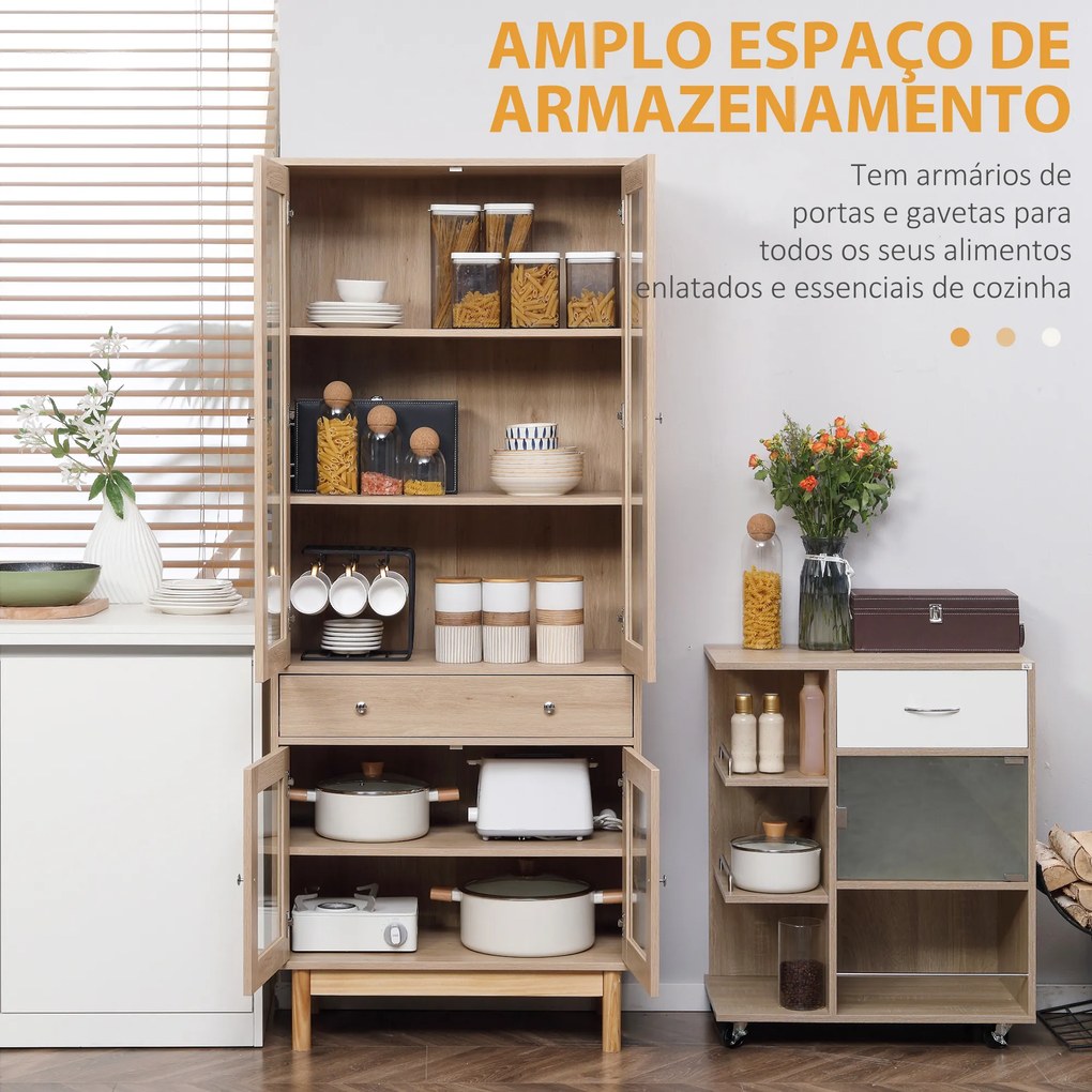 HOMCOM Armário de Cozinha Móvel Auxiliar de Cozinha com 1 Gaveta 4 Portas de Vidro Prateleiras Ajustáveis e Pés Elevados para Sala de Jantar Sala de Estar Anti-Tombamento 76x40x183cm Carvalho