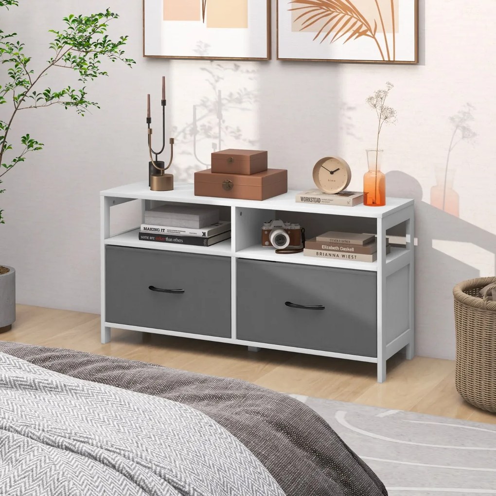 Armario com 2 gavetas Armário para TV até 45" com 2 Estantes abertas e Recipientes para Panos para Quarto Sala de Estar Quarto Branco
