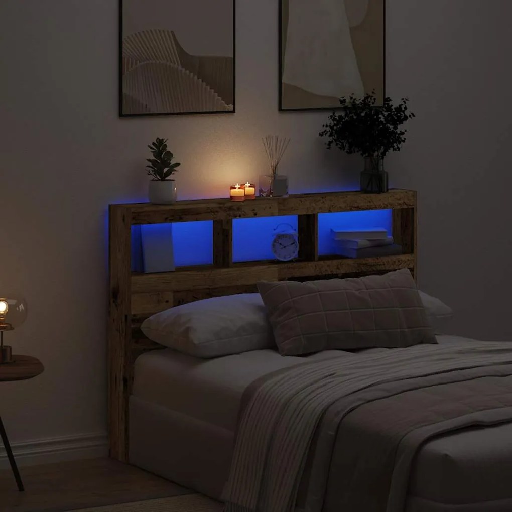 vidaXL Armário de cabeceira com luzes LED 140x17x102cm madeira velha
