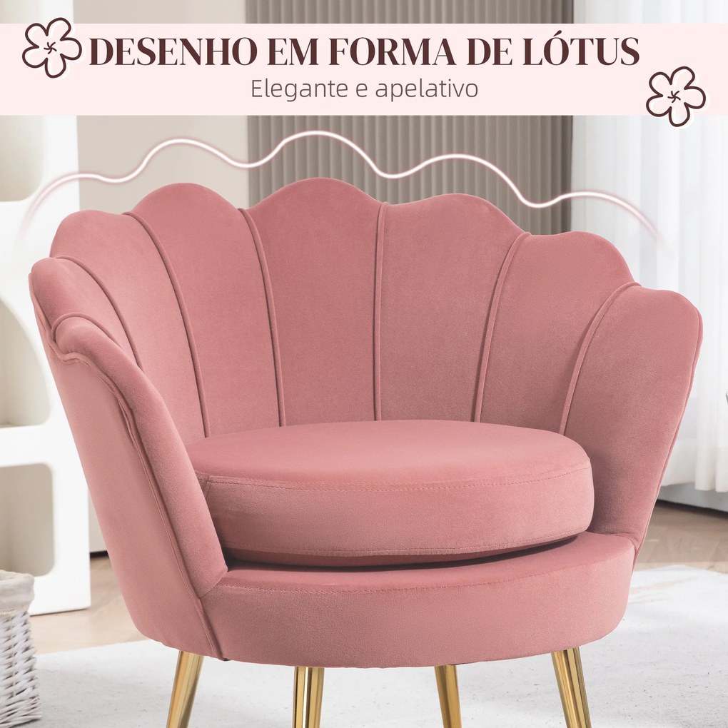 Poltrona de Sala Estofada em Veludo com Encosto em Forma de Concha e Pernas Douradas 76x67x74 cm Rosa