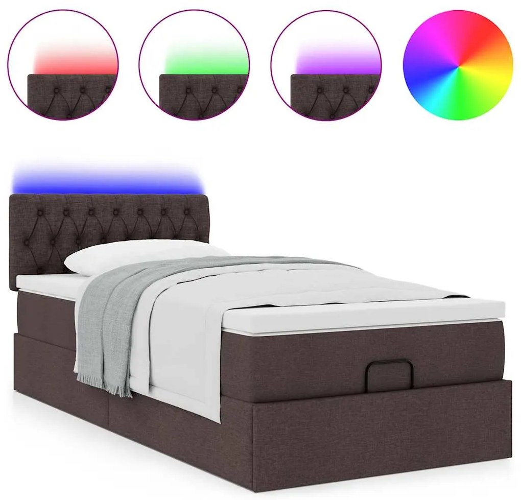 Cama otomana com colchão & LEDs 90x200cm tecido castanho escuro