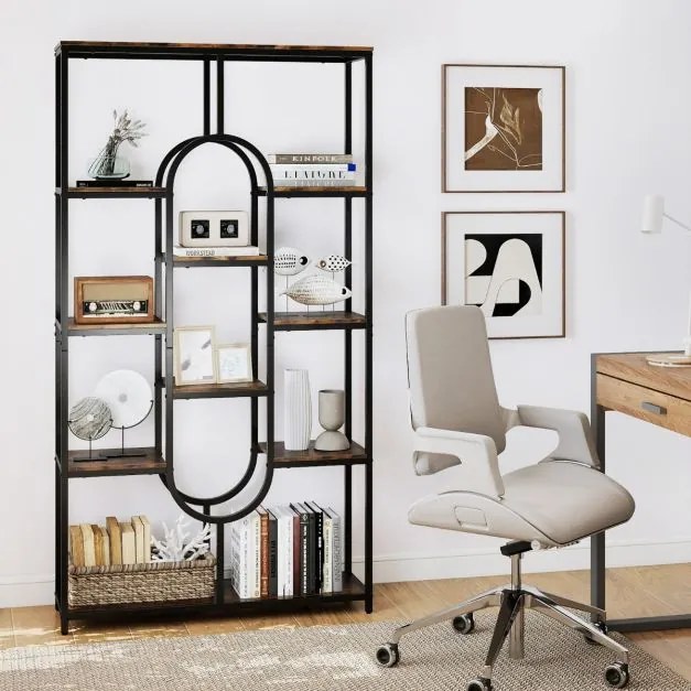 Estante de 5 níveis 95 x 30 x 175 cm com Prateleiras Abertas com Forma Ovalada Castanho rústico e preto