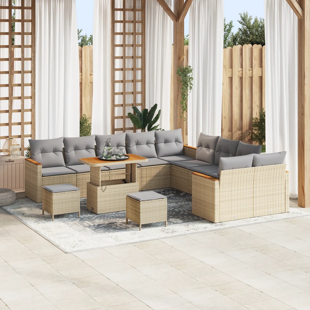 Conjunto de Sofá de Jardim vidaXL com 13 Peças e Almofadas Bege Rattan Acácia