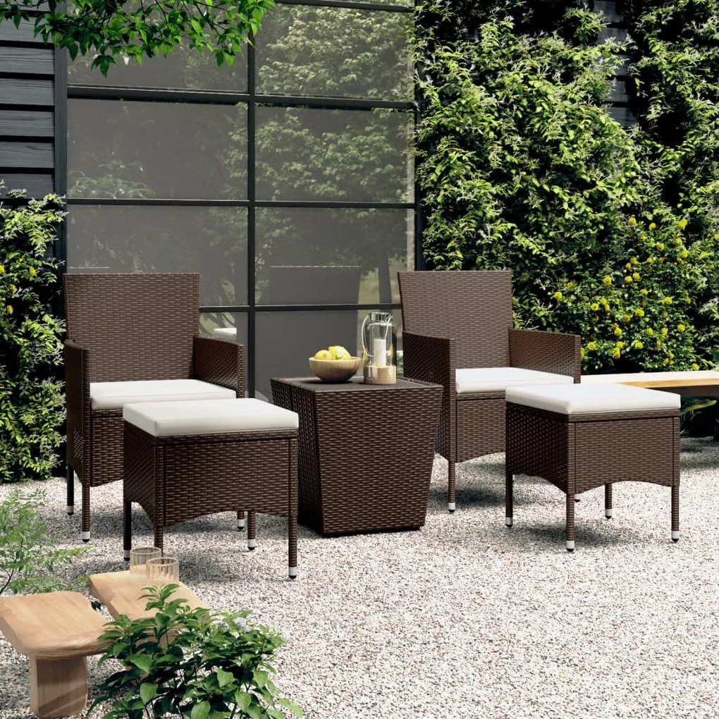 vidaXL 5 pcs conj. bistrô de jardim vime PE e vidro temperado castanho