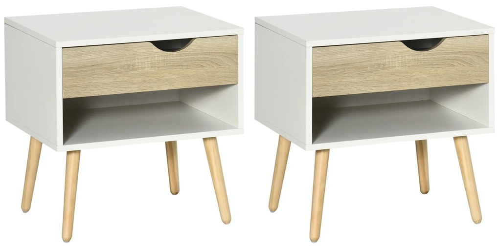 HOMCOM Conjunto de 2 Mesas de Cabeceira Mesa Auxiliar com 1 Gaveta e Prateleira de Armazenamento para Dormitório Sala de Estar Escritório Estilo Moderno 50x39x51cm Branco e Carvalho