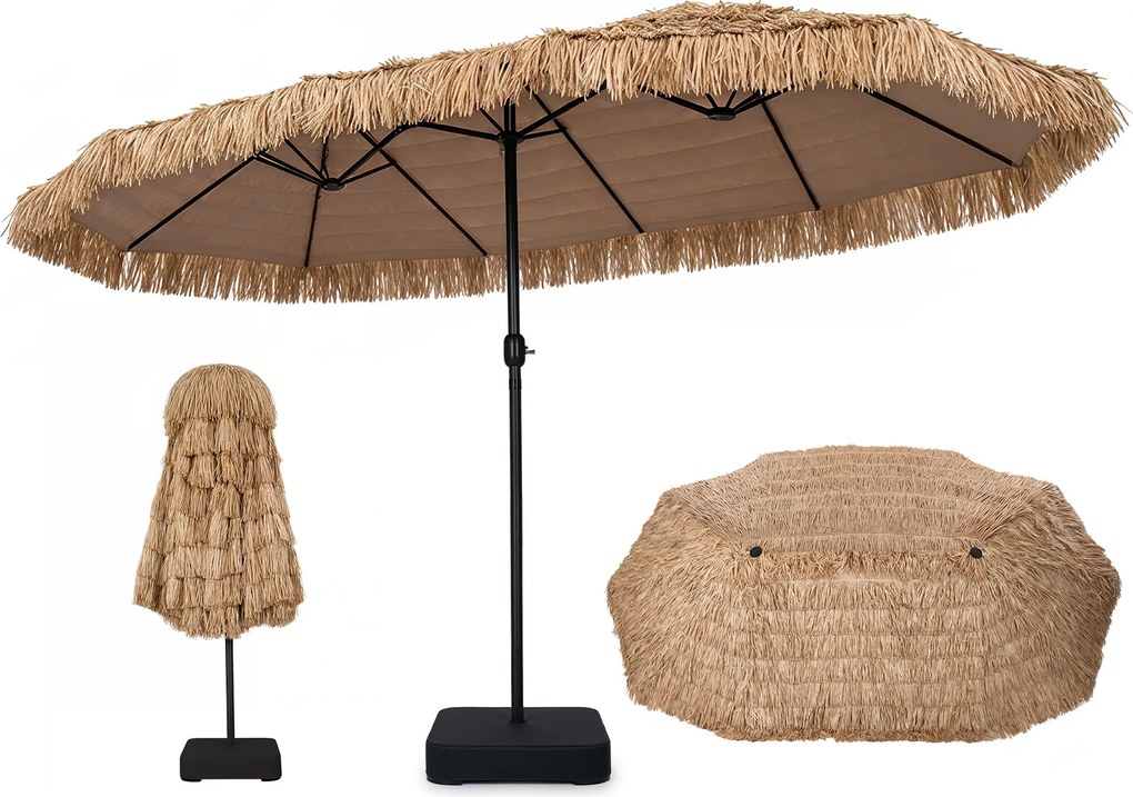 Guarda-sol Duplo, 450 x 270 x 252 cm, com Base, Castanho
