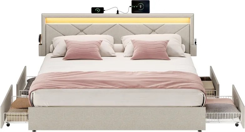 Estrutura de cama em metal 160 x 200 cm com iluminação LED, com gavetas e cabeceira bege cappuccino