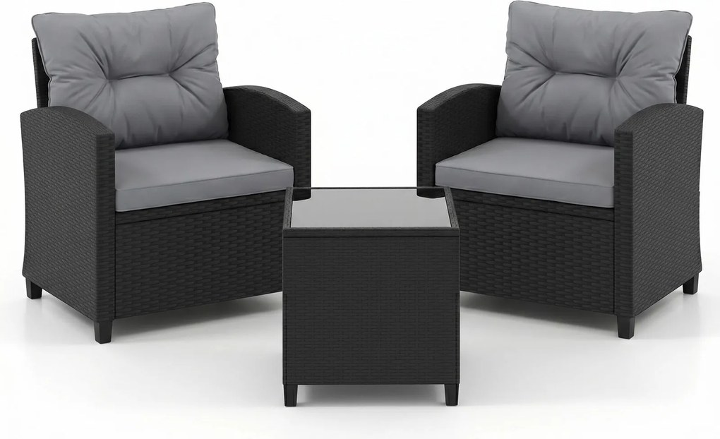 Conjunto de 2 Cadeiras de Jardim e Mesa Auxiliar, 44,5 x 44,5 x 45 cm, Ratan de PE Entrançado, almofadas Cinzentas