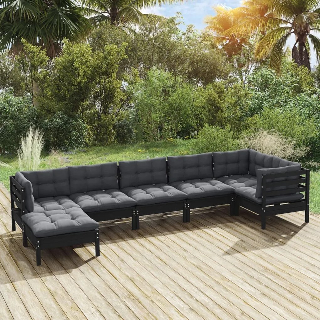 vidaXL 7 pcs conjunto lounge jardim c/ almofadões pinho maciço preto