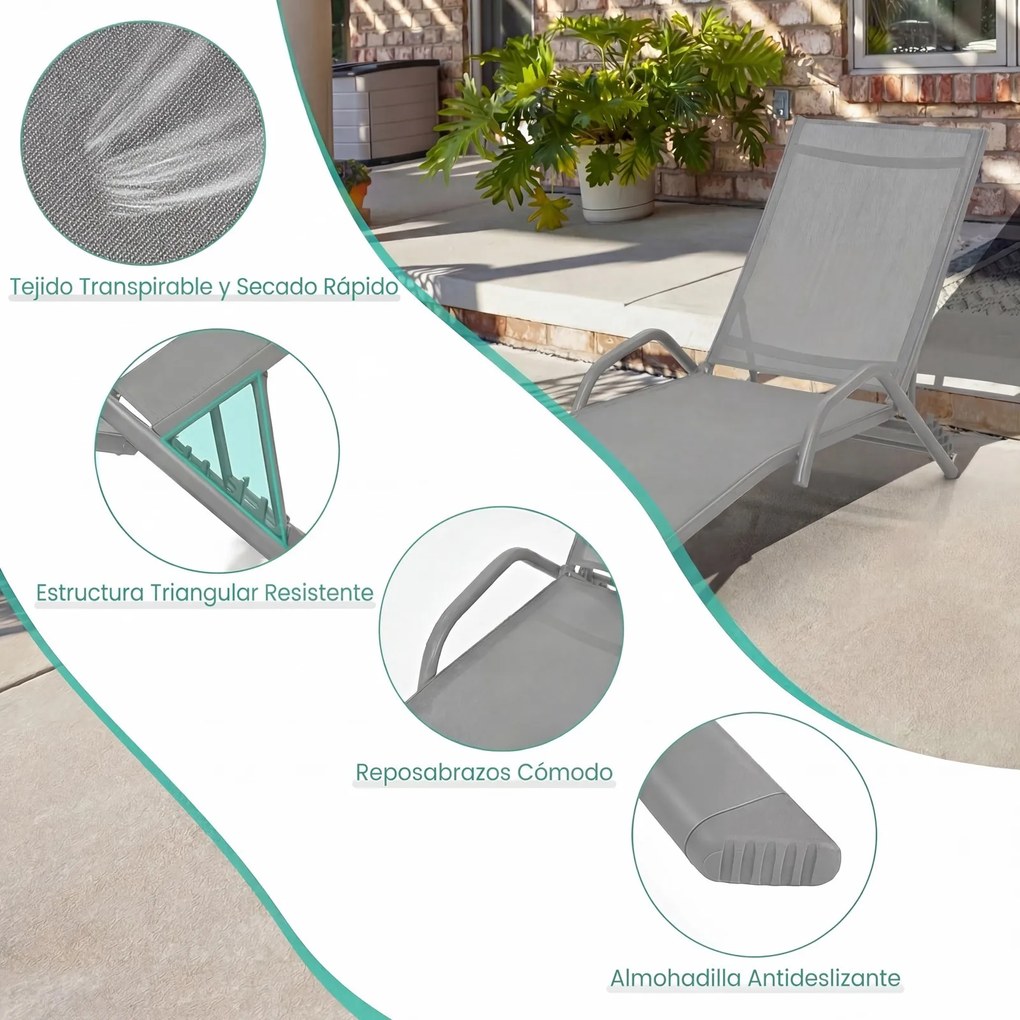 Conjunto de 2 espreguiçadeiras de exterior, poltronas reclináveis com 5 posições de ajuste e assento respirável, para pátio, jardim e piscina, cinza
