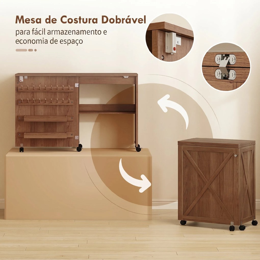Mesa para Máquina de Costura Dobrável com Porta Magnética, 2 Compartimentos, Prateleira, 18 Suportes para Linhas e 5 Rodas, Castanho