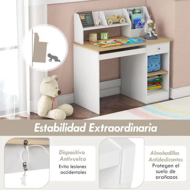 Mesa de estudo para crianças em madeira para computador com tabuleiro para teclado Estantes com gavetas 90 x 45 x 90 cm Natural+Branco