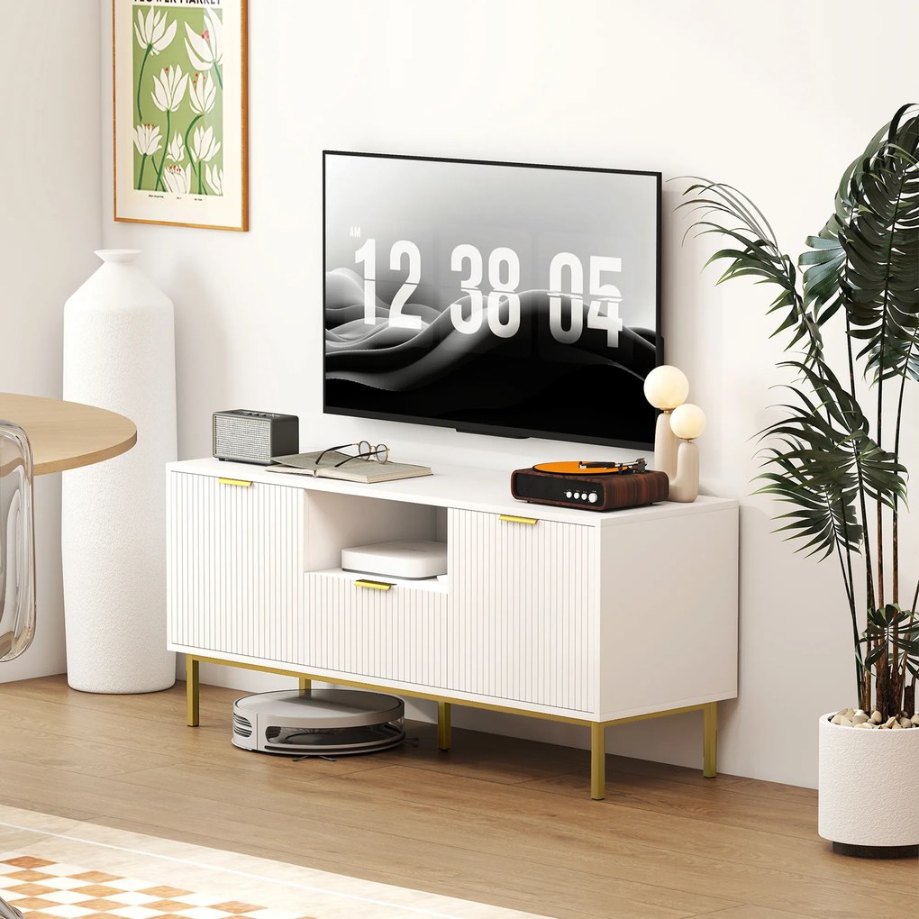 Móvel para televisão 120 x 39 x 54 cm, para televisão de 50 polegadas com 2 portas com fecho suave, gaveta e compartimento aberto, branco