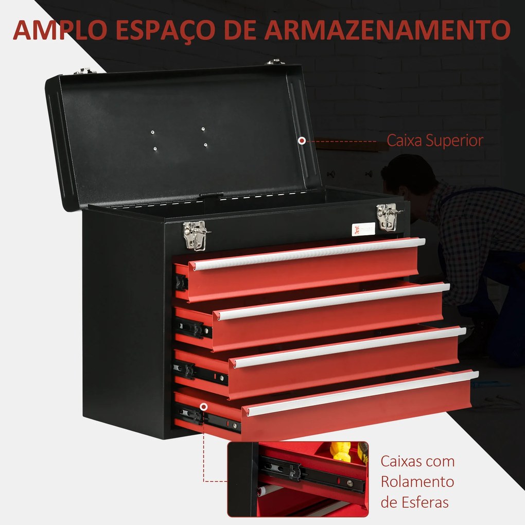 Caixa de Ferramentas de Aço com 4 Gavetas Tampa Abatível e Fechaduras Metálicas Mala de Ferramentas Portátil para Oficina Bricolage Casa 51x22x39,5 Pr