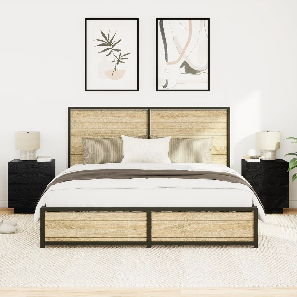 Cômodas de Cabeceira com Luzes LED 2 pcs Carvalho Preto 45x40x55 cm