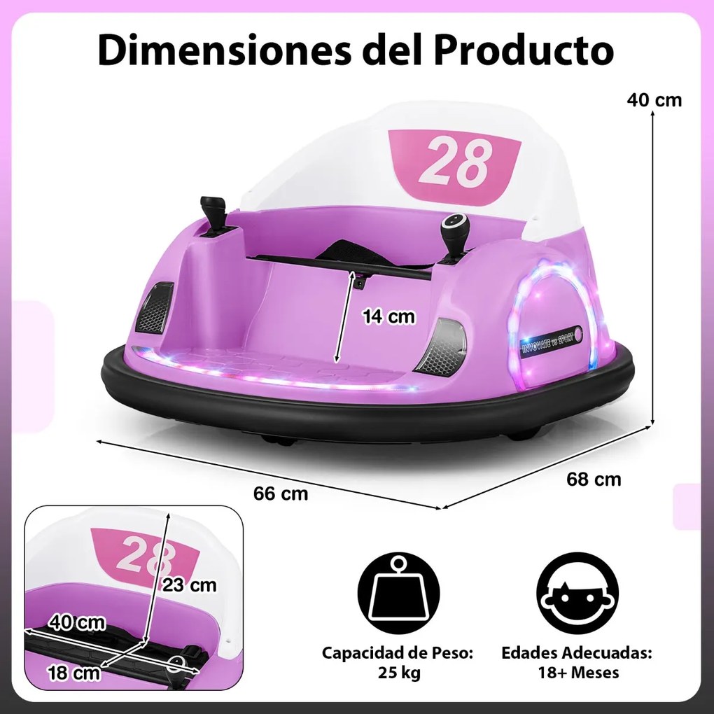 Carrinho choques elétrico para crianças 6v com controlo remoto, luz LED, buzina e música, rotação de 360° com cinto de segurança rosa