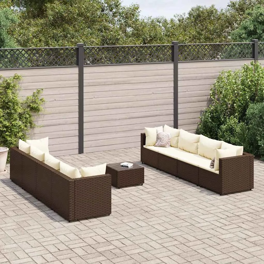 vidaXL 9 pcs conjunto lounge jardim c/ almofadões vime PE castanho