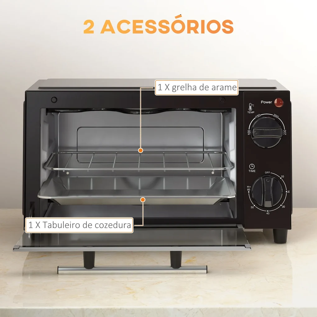 HOMCOM Mini Forno Elettrico 9L 750W – Temperatura 100-230°C, Timer 60 Min, Con Griglia E Teglia, Nero 35x24,6x20 Cm
