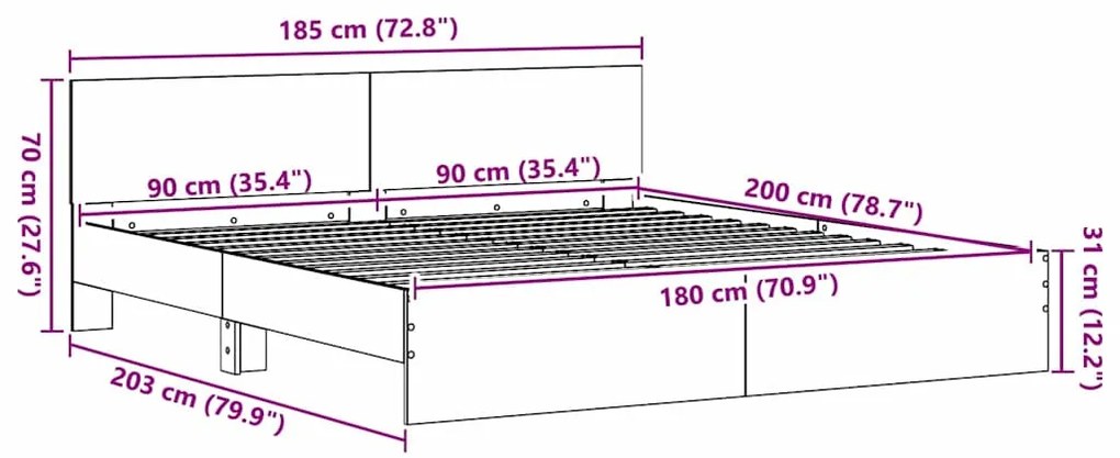 Cama com cabeceira - Madeira velha - 180 x 200 cm - Estrutura de madei