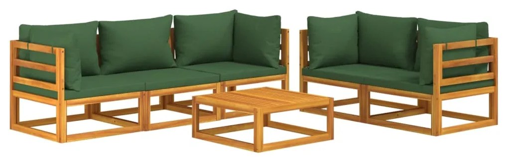 6 pcs conj. lounge jardim madeira c/almofadões verdes