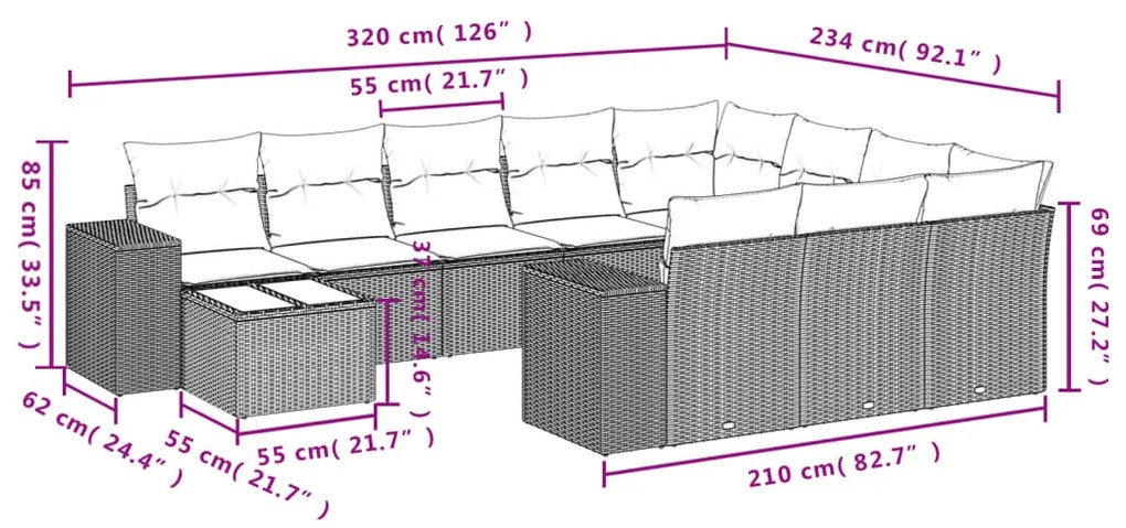 11 pcs conjunto sofás de jardim c/ almofadões vime PE bege