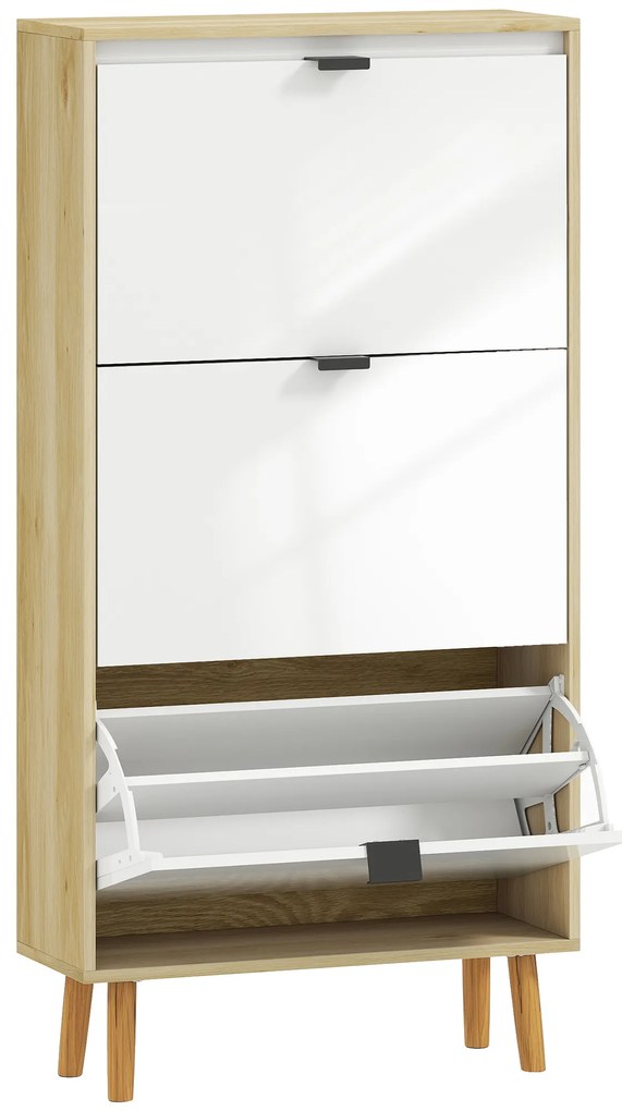 Sapateira Estreita com 3 Portas em Branco Brilhante Prateleiras Ajustáveis Pernas de Madeira para 18 Pares de Sapatos 60x24x127 cm