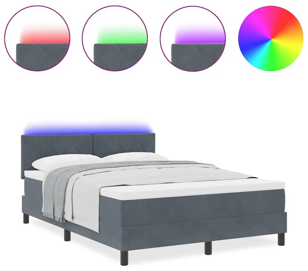 Cama Box Spring vidaXL com Colchão e LED Cinza Escuro 140x200 cm Velud