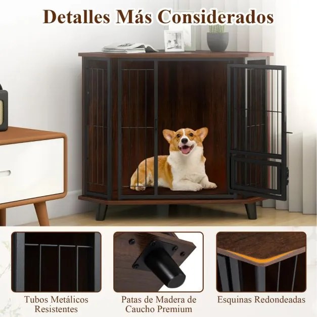 Gaiola de canto para cães 60 x 60 x 71,5 cm que economiza espaço com 3 pés de madeira de borracha Porta com fechadura Estrutura metálica castanho