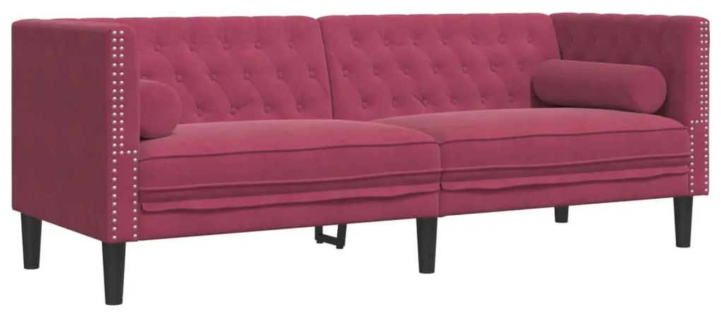 3 pcs conj. sofás chesterfield com rolos veludo vermelho-tinto