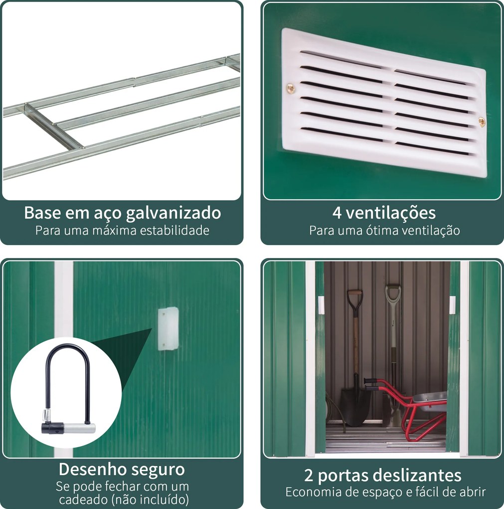 Abrigo de Jardim 213x130x185cm Abrigo de Jardim Metálico de Exterior com 2 Portas Deslizantes e 4 Janelas Verde