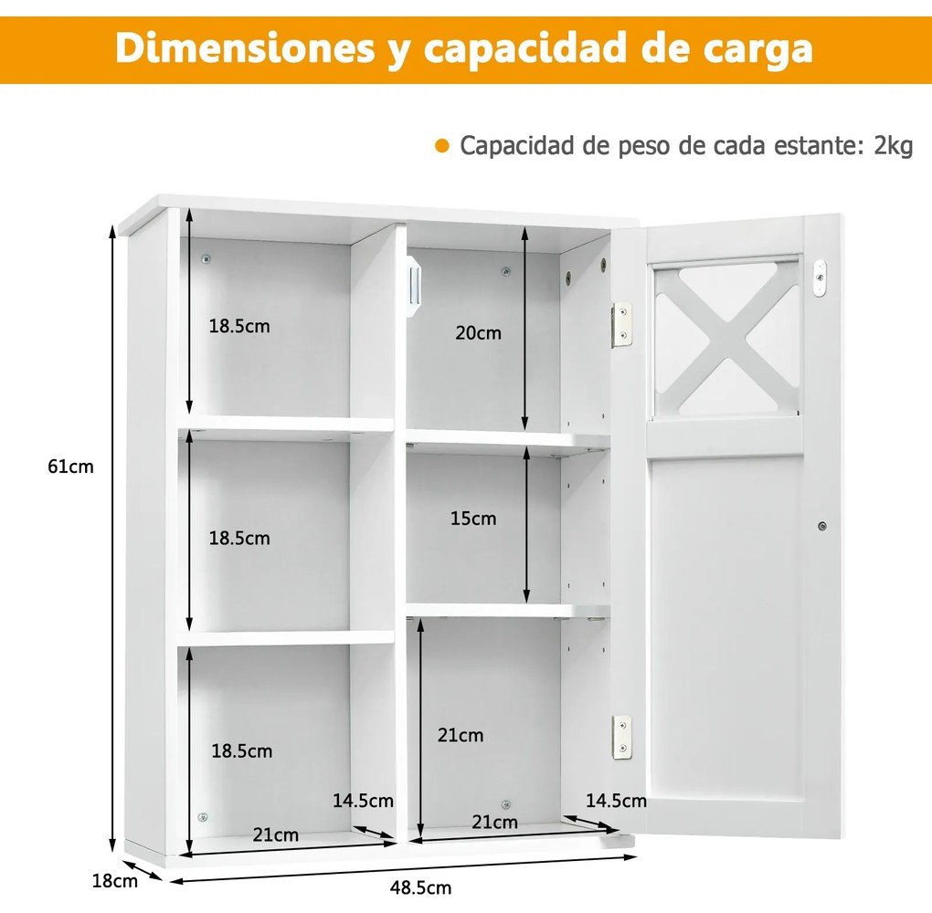 Armário de casa de banho de parede com prateleiras ajustáveis e compartimentos abertos  48-5 x 18 x 61 cm Branco